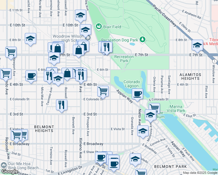 map of restaurants, bars, coffee shops, grocery stores, and more near 393 Park Avenue in Long Beach
