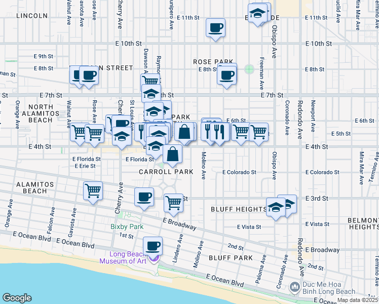 map of restaurants, bars, coffee shops, grocery stores, and more near 393 Wisconsin Avenue in Long Beach