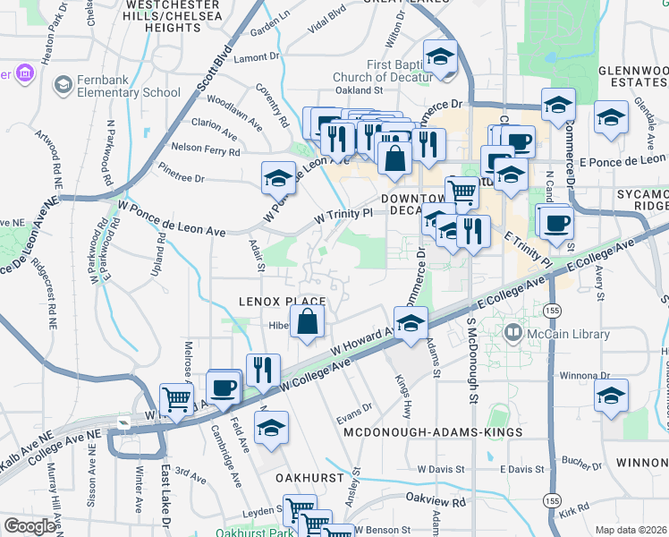 map of restaurants, bars, coffee shops, grocery stores, and more near 105 Mary Gay Court in Decatur