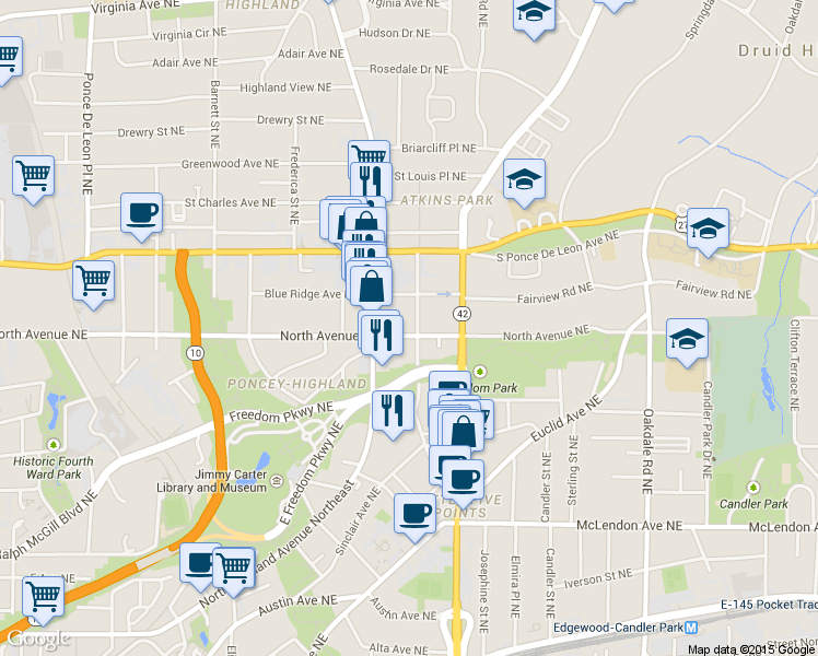 map of restaurants, bars, coffee shops, grocery stores, and more near 622 Seminole Avenue Northeast in Atlanta