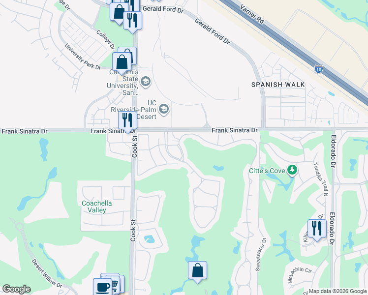 map of restaurants, bars, coffee shops, grocery stores, and more near 370 Muirfield Drive in Palm Desert