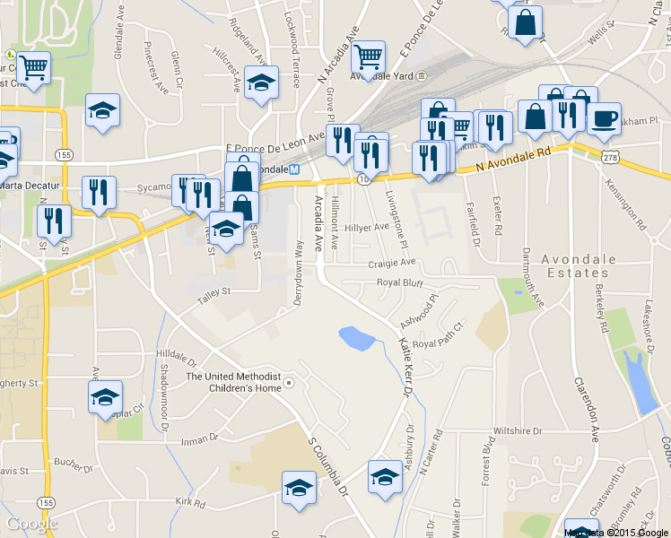 map of restaurants, bars, coffee shops, grocery stores, and more near 2715 Craigie Avenue in Decatur