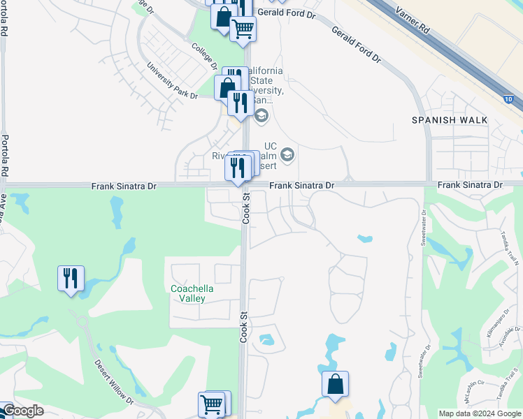 map of restaurants, bars, coffee shops, grocery stores, and more near 401 Cypress Point Drive in Palm Desert