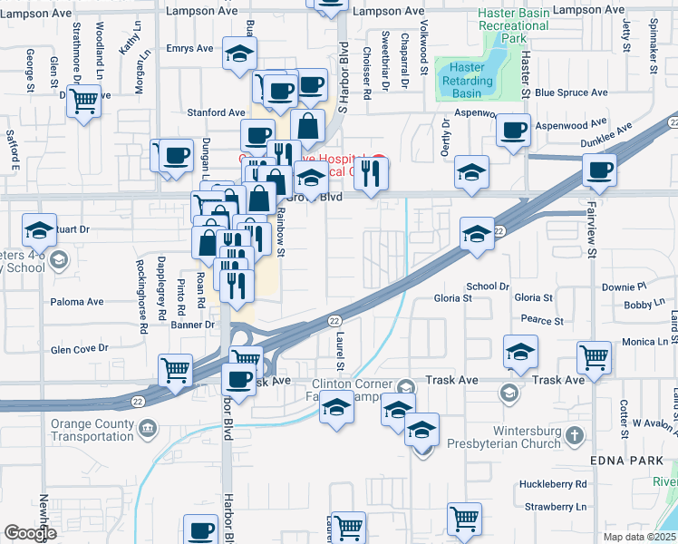 map of restaurants, bars, coffee shops, grocery stores, and more near 12302 Flint Place in Garden Grove