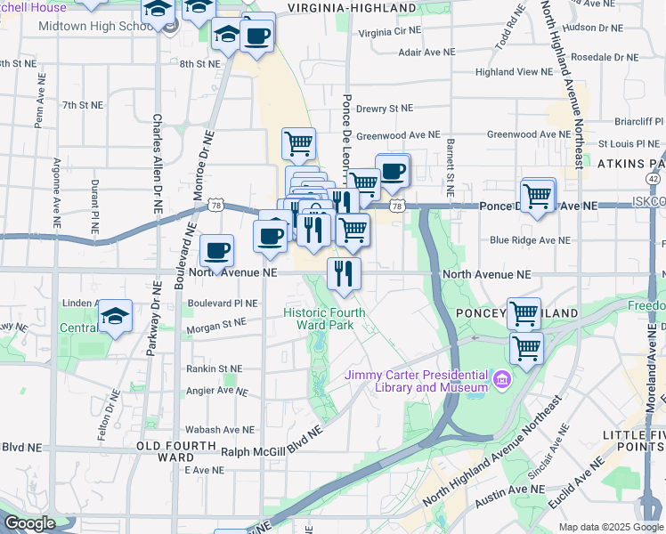 map of restaurants, bars, coffee shops, grocery stores, and more near 680 North Avenue Northeast in Atlanta