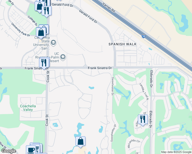 map of restaurants, bars, coffee shops, grocery stores, and more near 463 Desert Falls Drive East in Palm Desert