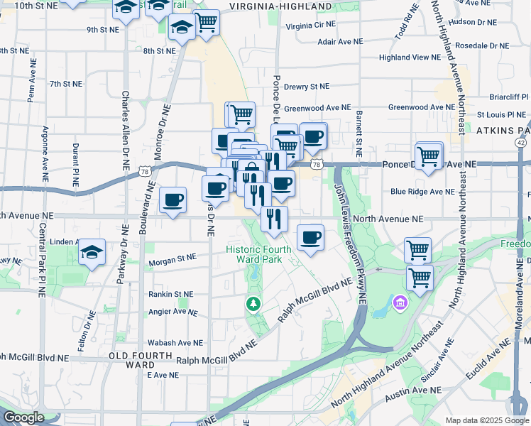 map of restaurants, bars, coffee shops, grocery stores, and more near 680 North Avenue Northeast in Atlanta