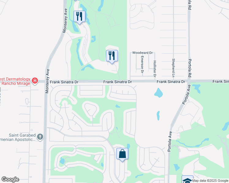 map of restaurants, bars, coffee shops, grocery stores, and more near 38189 Blue Circle in Palm Desert