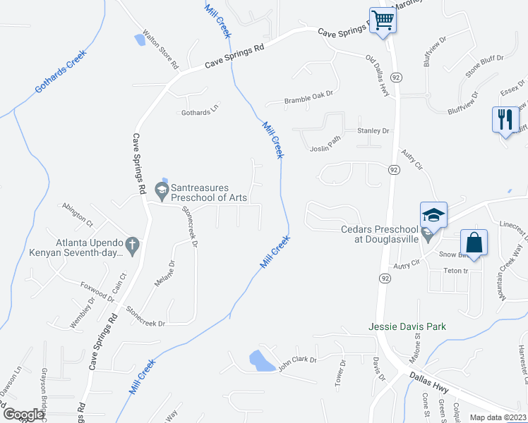 map of restaurants, bars, coffee shops, grocery stores, and more near 7594 Stonebush Way in Douglasville