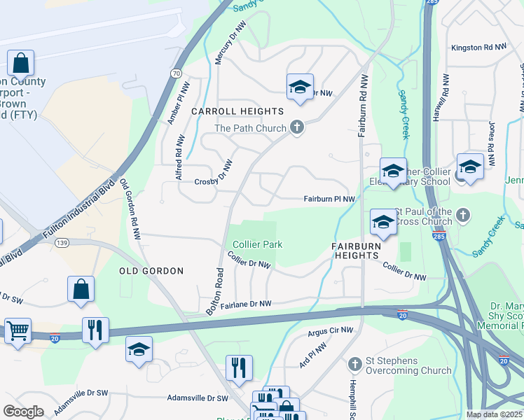 map of restaurants, bars, coffee shops, grocery stores, and more near 3572 Adkins Road Northwest in Atlanta
