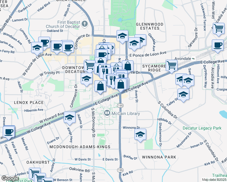 map of restaurants, bars, coffee shops, grocery stores, and more near 245 East Trinity Place in Decatur