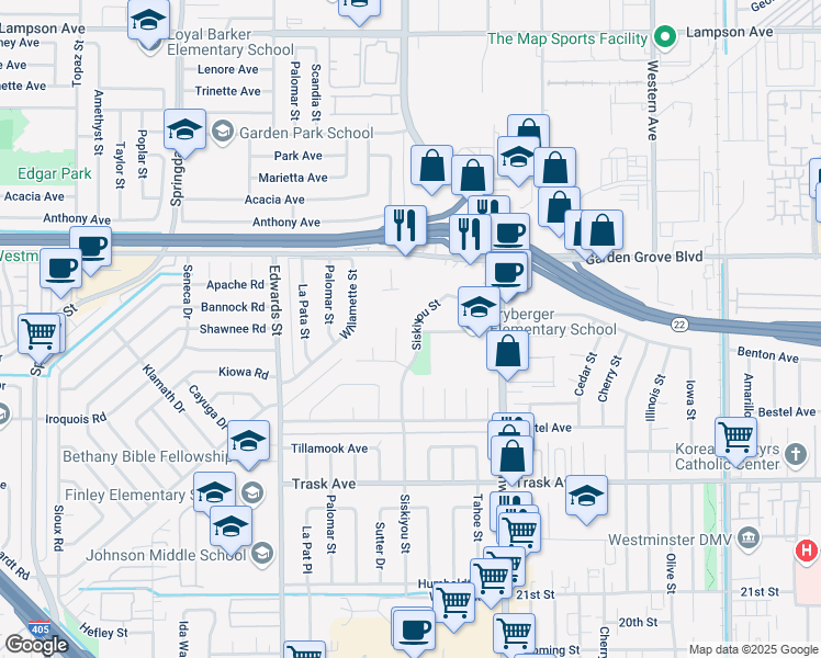 map of restaurants, bars, coffee shops, grocery stores, and more near 13171 Siskiyou Street in Westminster