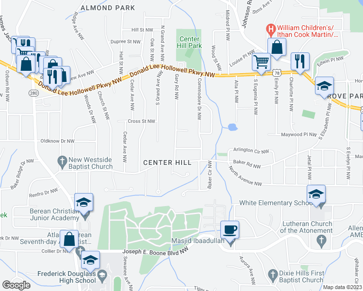 map of restaurants, bars, coffee shops, grocery stores, and more near 2225 Baker Terrace Northwest in Atlanta