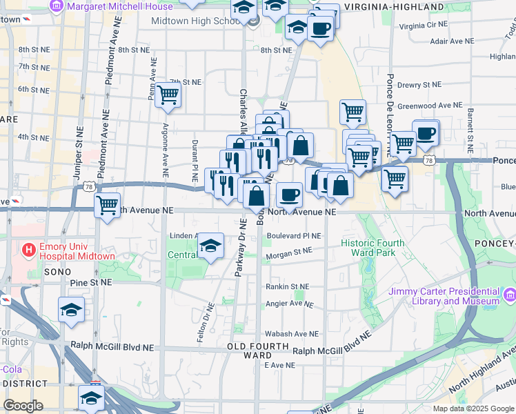 map of restaurants, bars, coffee shops, grocery stores, and more near in Atlanta
