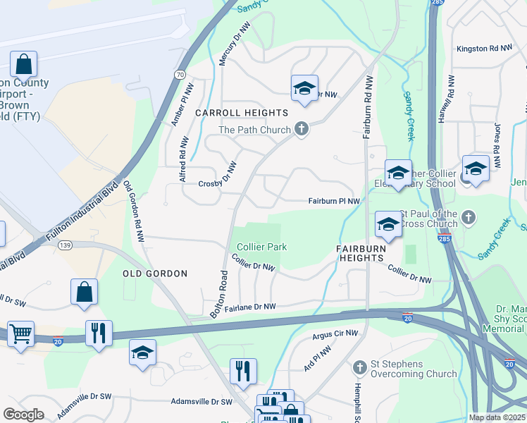 map of restaurants, bars, coffee shops, grocery stores, and more near 3578 Adkins Road Northwest in Atlanta