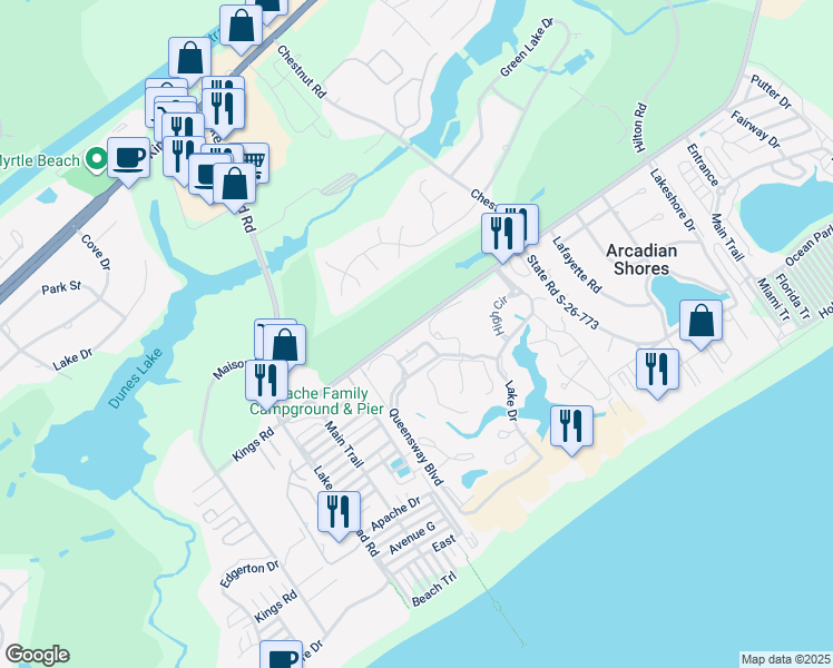 map of restaurants, bars, coffee shops, grocery stores, and more near 304 Cumberland Terrace in Myrtle Beach