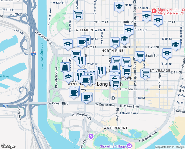 map of restaurants, bars, coffee shops, grocery stores, and more near 345 Chestnut Avenue in Long Beach