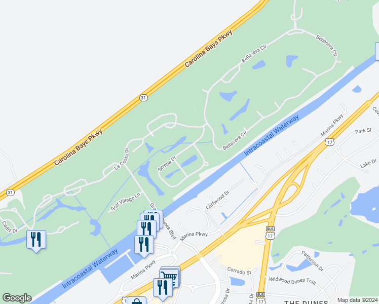 map of restaurants, bars, coffee shops, grocery stores, and more near 1510 Serena Drive in Myrtle Beach
