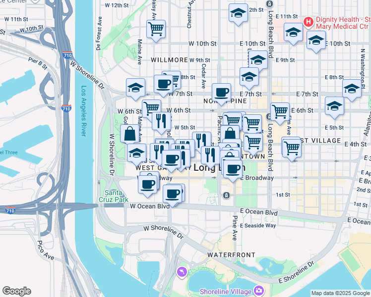 map of restaurants, bars, coffee shops, grocery stores, and more near 345 Chestnut Avenue in Long Beach