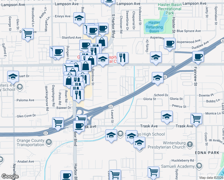 map of restaurants, bars, coffee shops, grocery stores, and more near 12302 Flint Place in Garden Grove