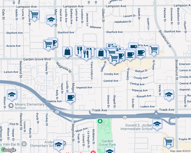 map of restaurants, bars, coffee shops, grocery stores, and more near 13200 Casa Linda Lane in Garden Grove