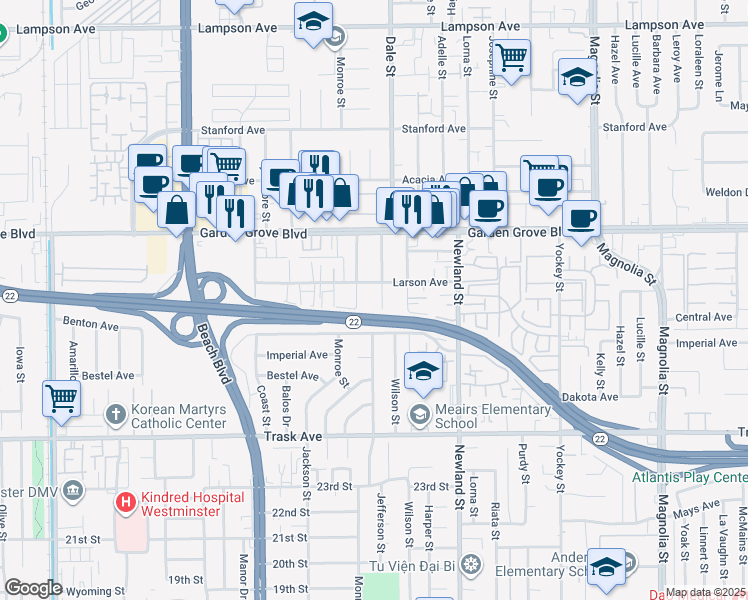 map of restaurants, bars, coffee shops, grocery stores, and more near 13186 Monroe Street in Garden Grove