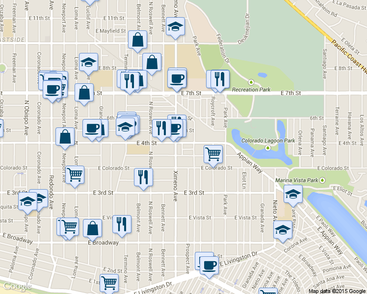 map of restaurants, bars, coffee shops, grocery stores, and more near 378 Ximeno Avenue in Long Beach