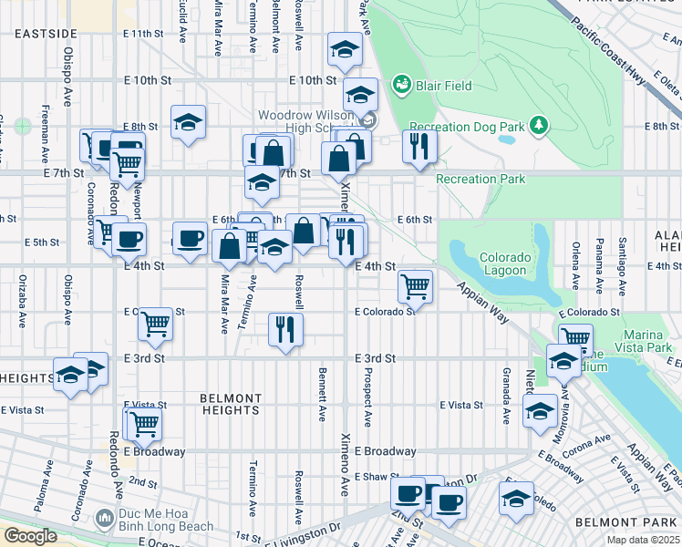 map of restaurants, bars, coffee shops, grocery stores, and more near 378 Ximeno Avenue in Long Beach