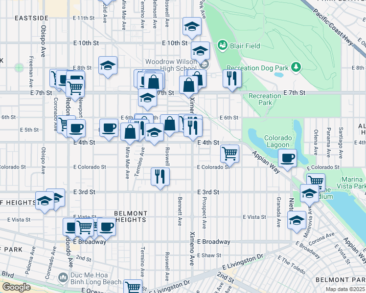 map of restaurants, bars, coffee shops, grocery stores, and more near in Long Beach