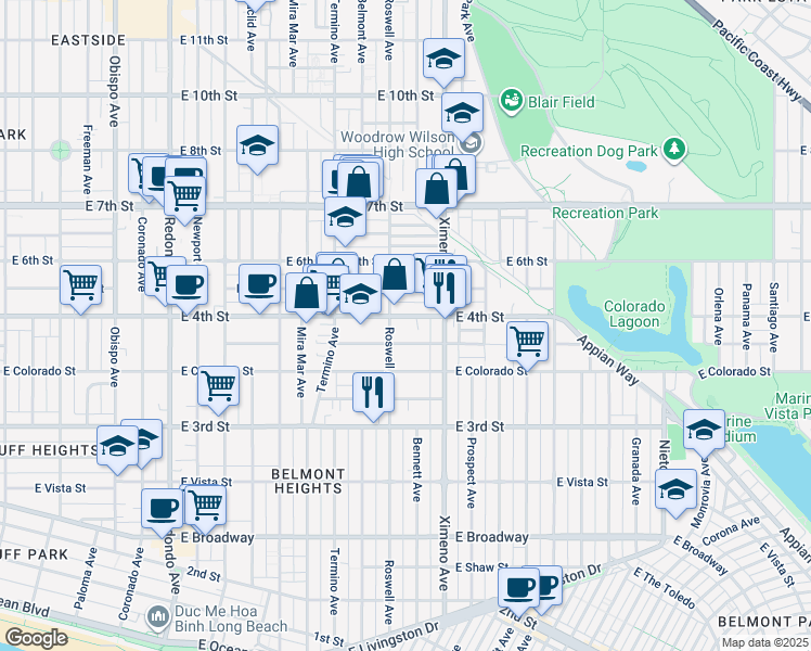 map of restaurants, bars, coffee shops, grocery stores, and more near in Long Beach