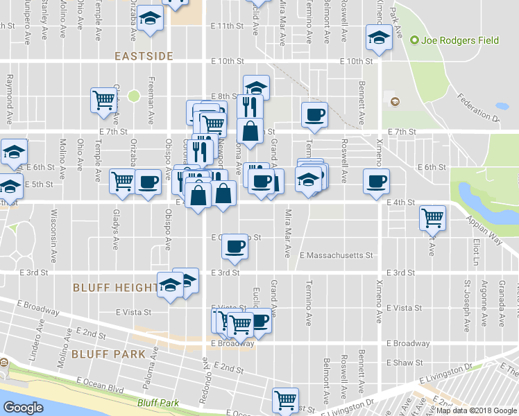 map of restaurants, bars, coffee shops, grocery stores, and more near 3707 East Vermont Street in Long Beach