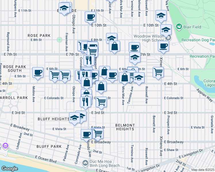 map of restaurants, bars, coffee shops, grocery stores, and more near 3707 East Vermont Street in Long Beach