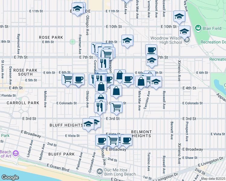map of restaurants, bars, coffee shops, grocery stores, and more near 381 Loma Avenue in Long Beach