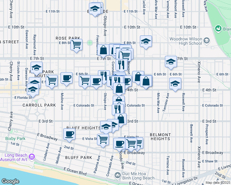 map of restaurants, bars, coffee shops, grocery stores, and more near 380 Coronado Avenue in Long Beach