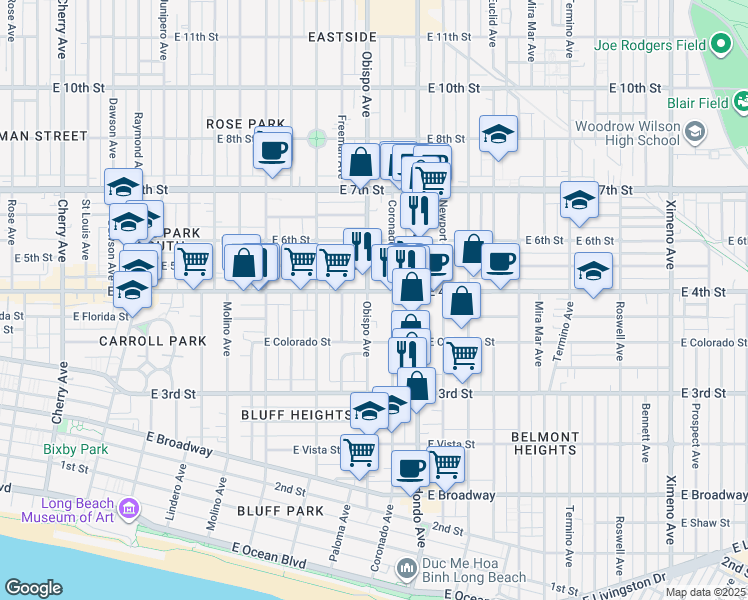 map of restaurants, bars, coffee shops, grocery stores, and more near 381 Obispo Avenue in Long Beach
