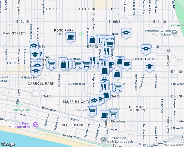 map of restaurants, bars, coffee shops, grocery stores, and more near 381 Obispo Avenue in Long Beach