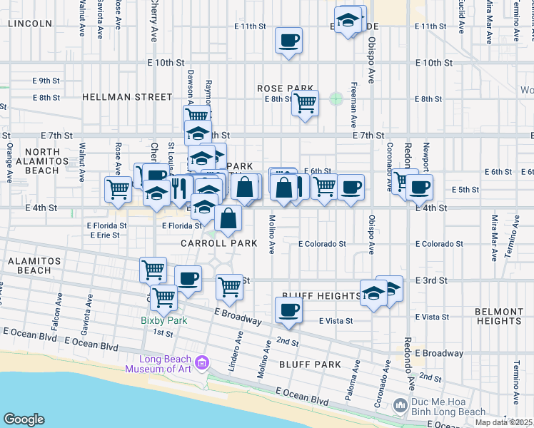 map of restaurants, bars, coffee shops, grocery stores, and more near in Long Beach
