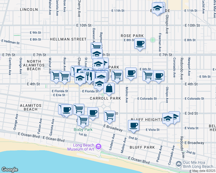 map of restaurants, bars, coffee shops, grocery stores, and more near 370 Junipero Avenue in Long Beach