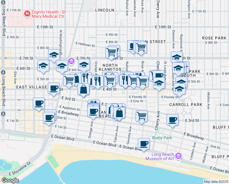 map of restaurants, bars, coffee shops, grocery stores, and more near 1335 East Florida Street in Long Beach