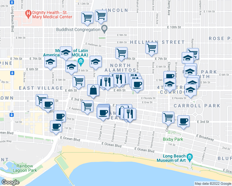 map of restaurants, bars, coffee shops, grocery stores, and more near 1335 East Florida Street in Long Beach