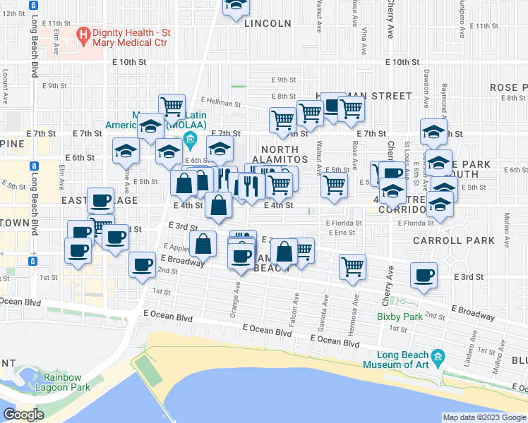 map of restaurants, bars, coffee shops, grocery stores, and more near 1217 East Florida Street in Long Beach