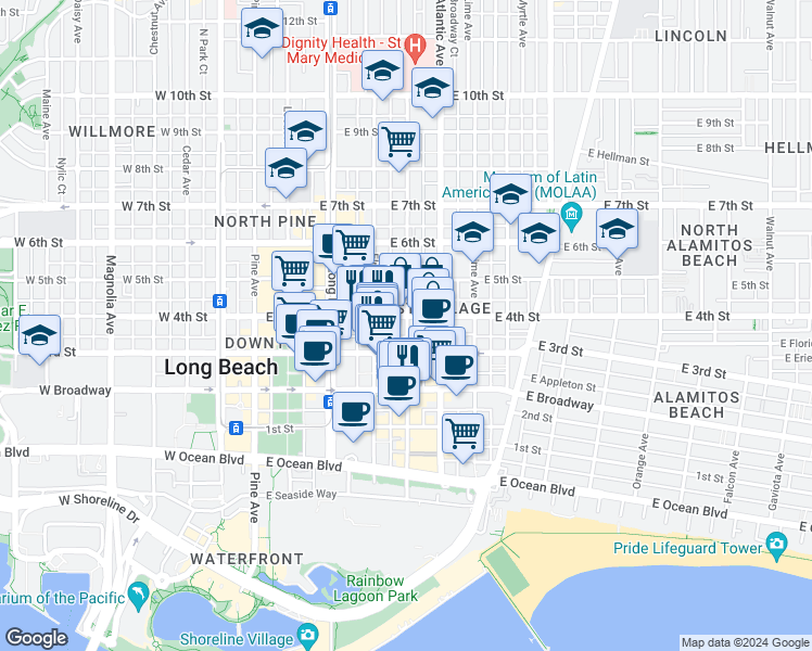 map of restaurants, bars, coffee shops, grocery stores, and more near in Long Beach