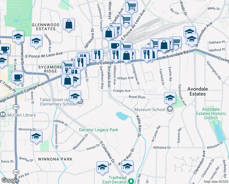 map of restaurants, bars, coffee shops, grocery stores, and more near 2715 Craigie Avenue in Decatur