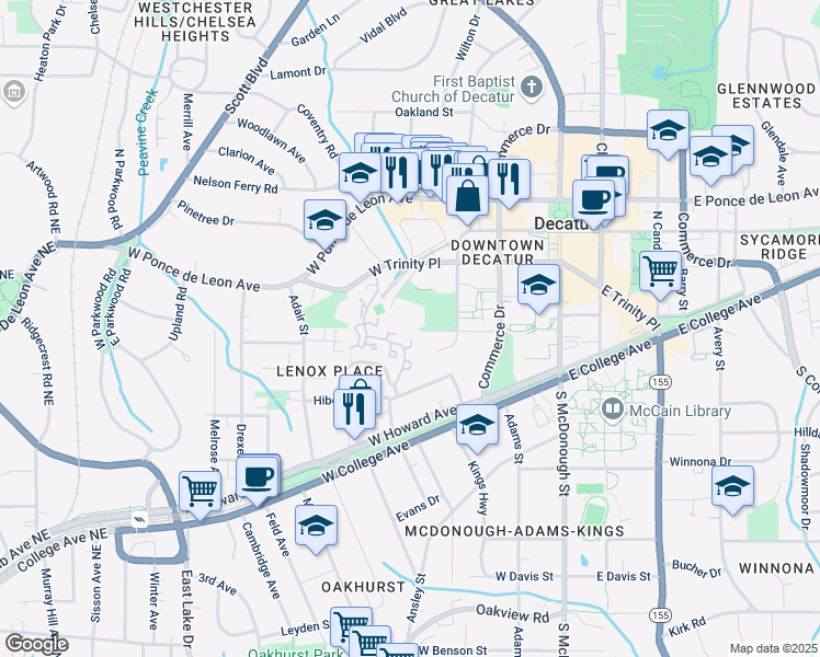 map of restaurants, bars, coffee shops, grocery stores, and more near 105 Mary Gay Court in Decatur