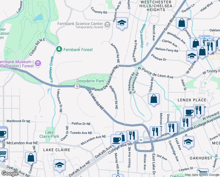map of restaurants, bars, coffee shops, grocery stores, and more near 2121 Ponce De Leon Avenue Northeast in Atlanta