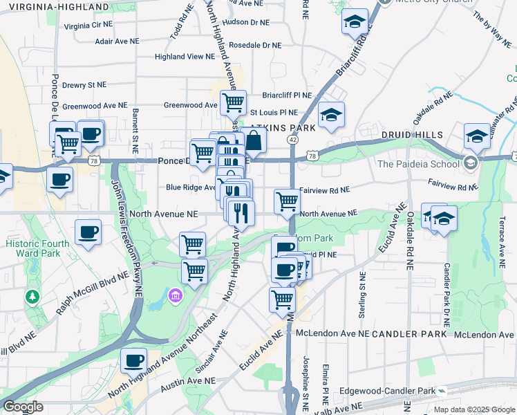 map of restaurants, bars, coffee shops, grocery stores, and more near 622 Seminole Avenue Northeast in Atlanta