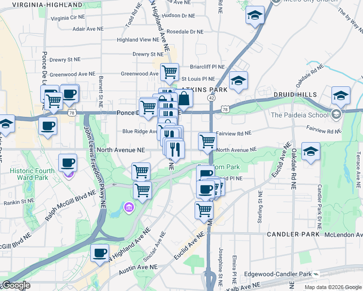 map of restaurants, bars, coffee shops, grocery stores, and more near 608 Seminole Avenue Northeast in Atlanta