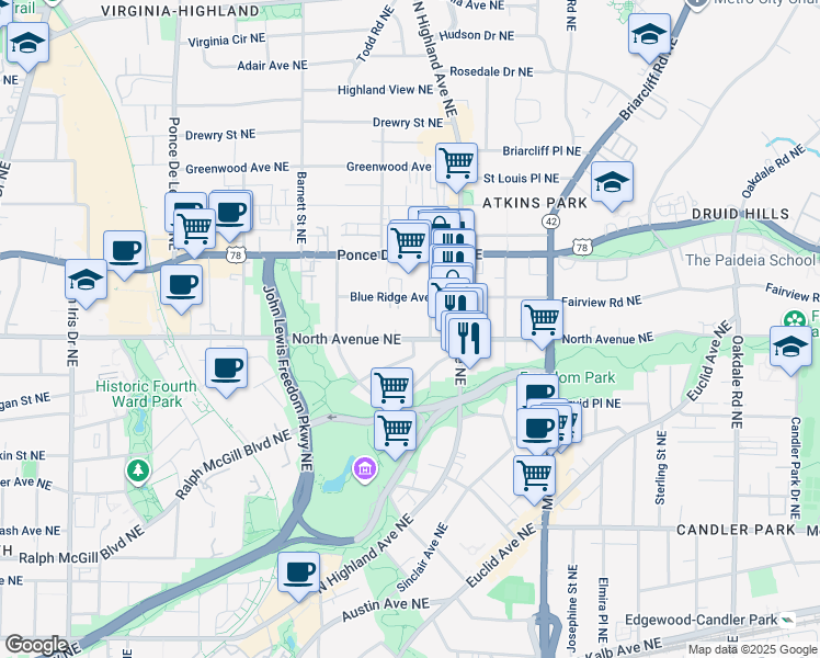 map of restaurants, bars, coffee shops, grocery stores, and more near 1021 North Avenue Northeast in Atlanta