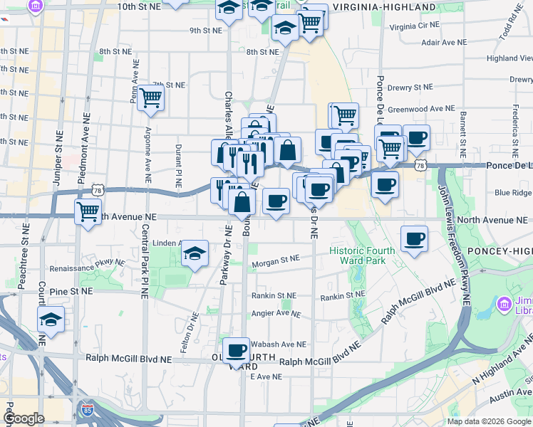 map of restaurants, bars, coffee shops, grocery stores, and more near 616 Kennesaw Avenue Northeast in Atlanta