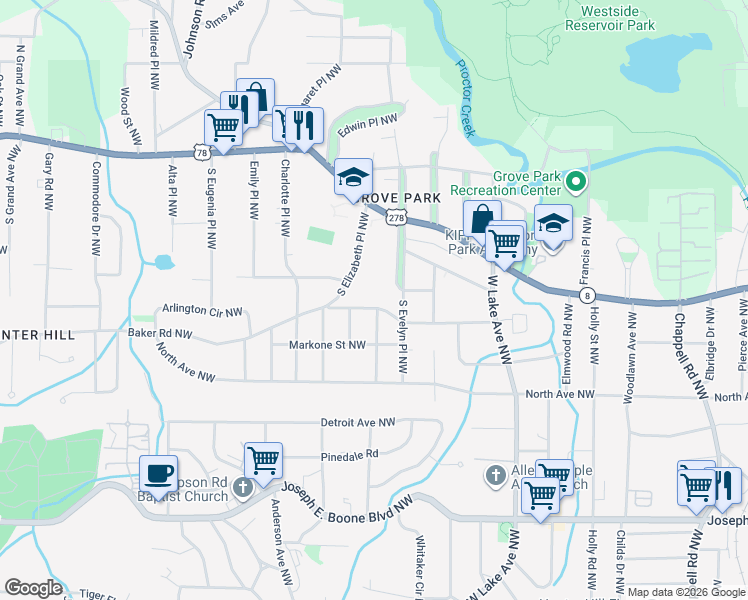 map of restaurants, bars, coffee shops, grocery stores, and more near 1837 Madrona Street Northwest in Atlanta